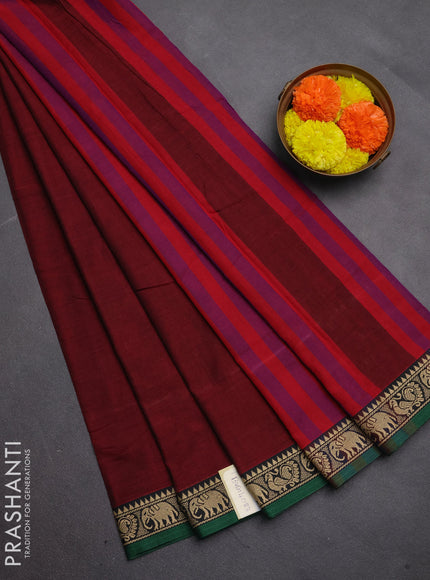 Narayanpet cotton saree maroon and green with plain body and temple design thread woven border