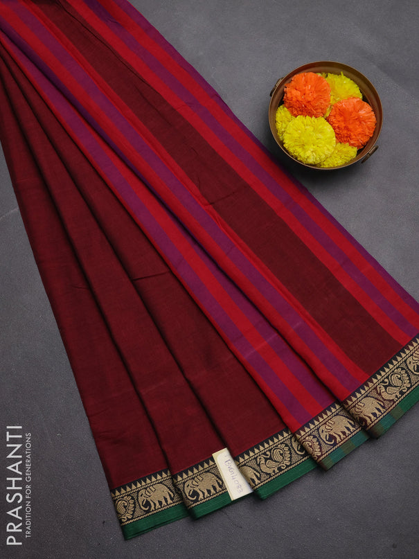 Narayanpet cotton saree maroon and green with plain body and temple design thread woven border