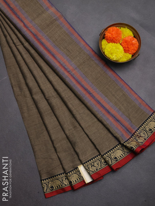Narayanpet cotton saree chiku shade and maroon with plain body and temple design thread woven border