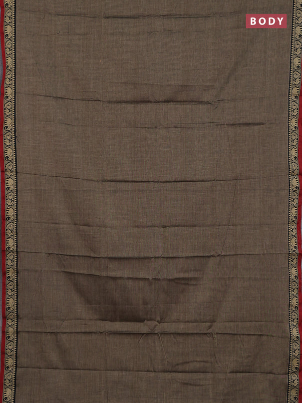 Narayanpet cotton saree chiku shade and maroon with plain body and temple design thread woven border