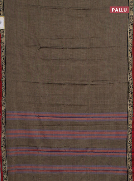 Narayanpet cotton saree chiku shade and maroon with plain body and temple design thread woven border