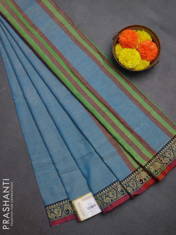 Narayanpet cotton saree light blue and maroon with plain body and temple design thread woven border