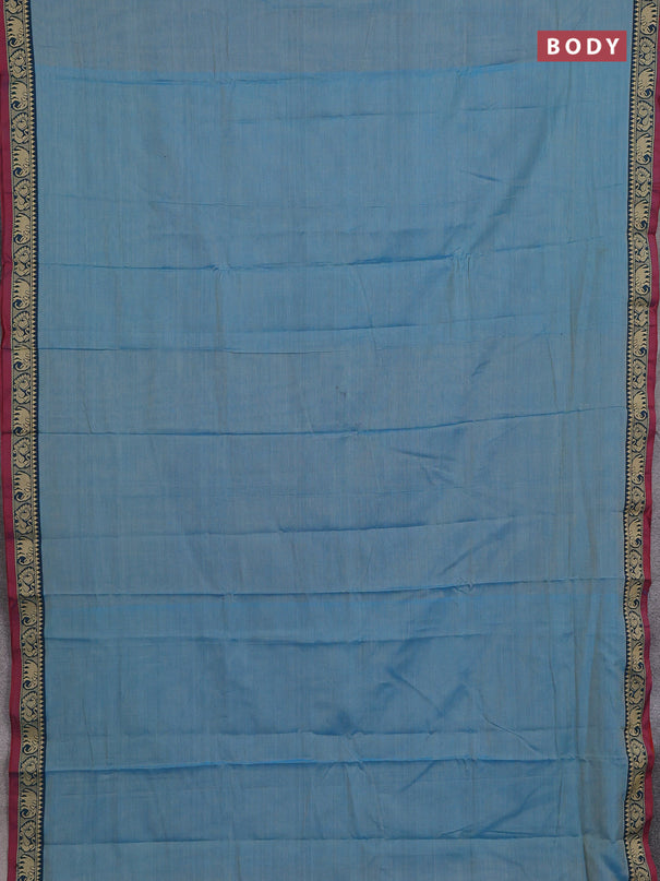 Narayanpet cotton saree light blue and maroon with plain body and temple design thread woven border