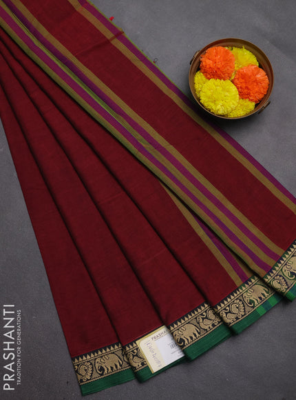 Narayanpet cotton saree maroon and green with plain body and temple design thread woven border