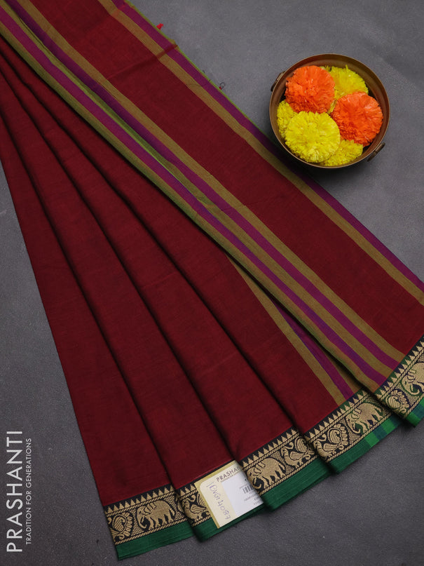 Narayanpet cotton saree maroon and green with plain body and temple design thread woven border