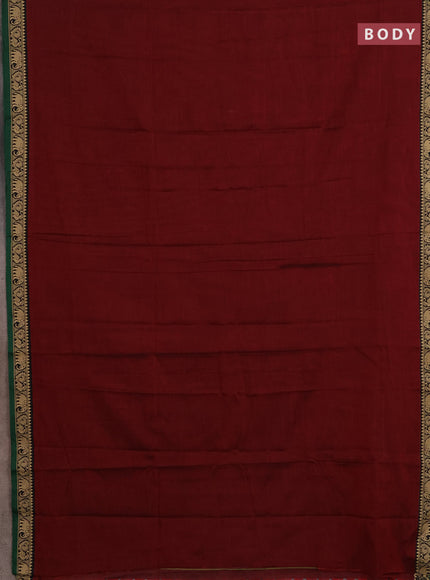 Narayanpet cotton saree maroon and green with plain body and temple design thread woven border