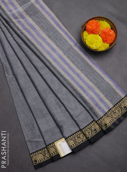 Narayanpet cotton saree grey and black with plain body and temple design thread woven border