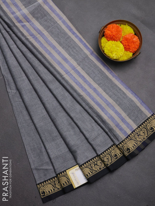 Narayanpet cotton saree grey and black with plain body and temple design thread woven border