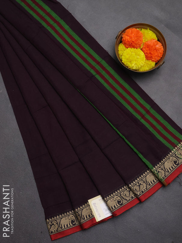 Narayanpet cotton saree deep wine shade and maroon with plain body and temple design thread woven border