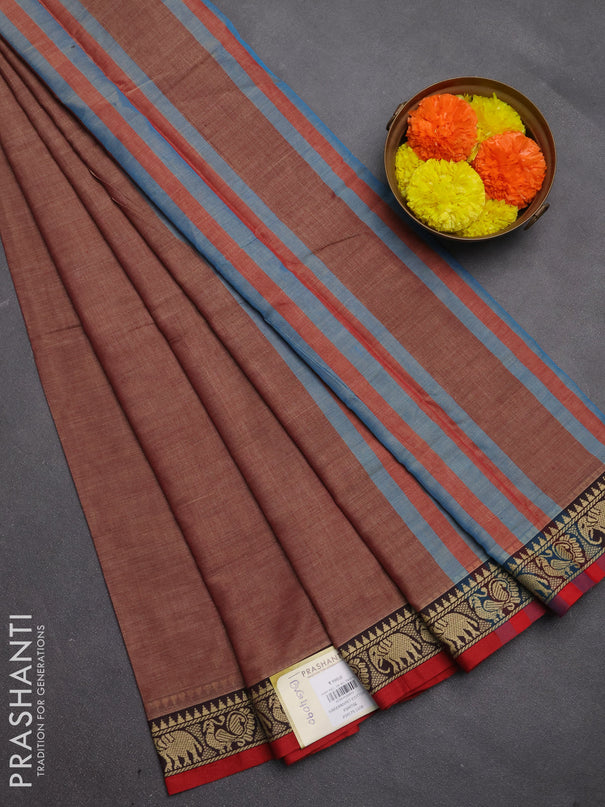 Narayanpet cotton saree red shade with plain body and temple design thread woven border