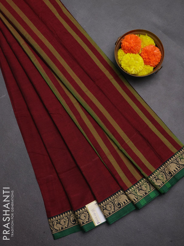 Narayanpet cotton saree maroon and green with plain body and temple design thread woven border