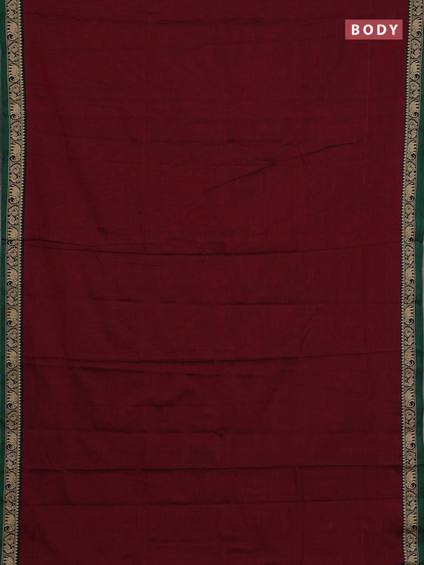 Narayanpet cotton saree maroon and green with plain body and temple design thread woven border