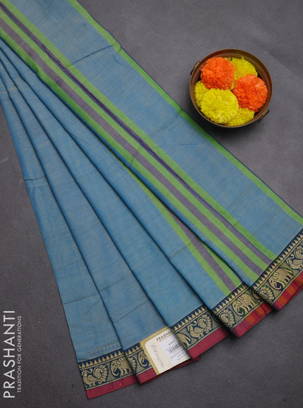 Narayanpet cotton saree light blue and maroon with plain body and temple design thread woven border