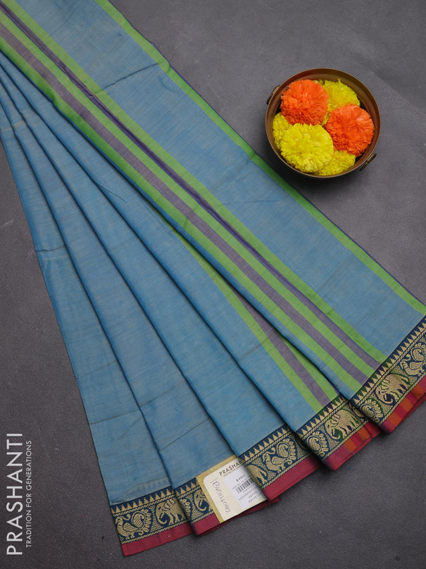 Narayanpet cotton saree light blue and maroon with plain body and temple design thread woven border