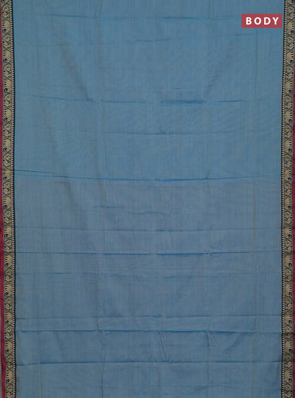 Narayanpet cotton saree light blue and maroon with plain body and temple design thread woven border