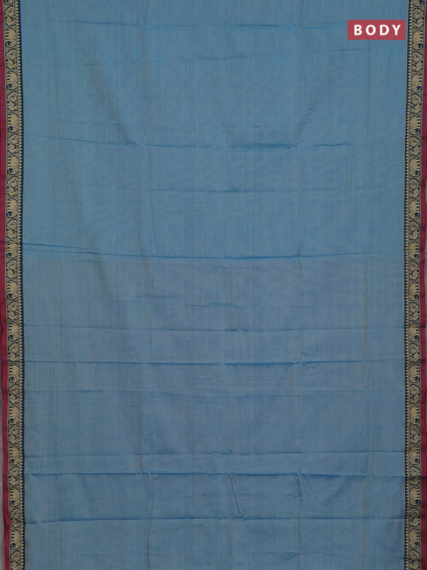 Narayanpet cotton saree light blue and maroon with plain body and temple design thread woven border