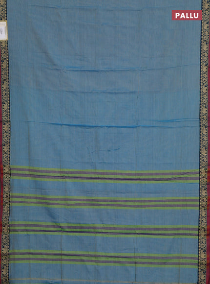Narayanpet cotton saree light blue and maroon with plain body and temple design thread woven border