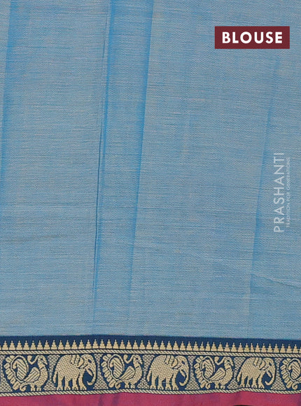 Narayanpet cotton saree light blue and maroon with plain body and temple design thread woven border