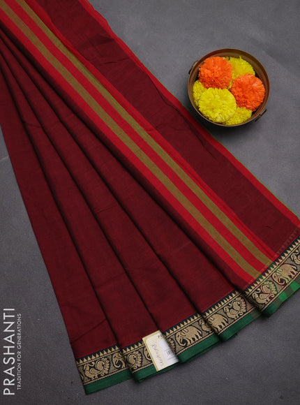 Narayanpet cotton saree maroon and green with plain body and temple design thread woven border