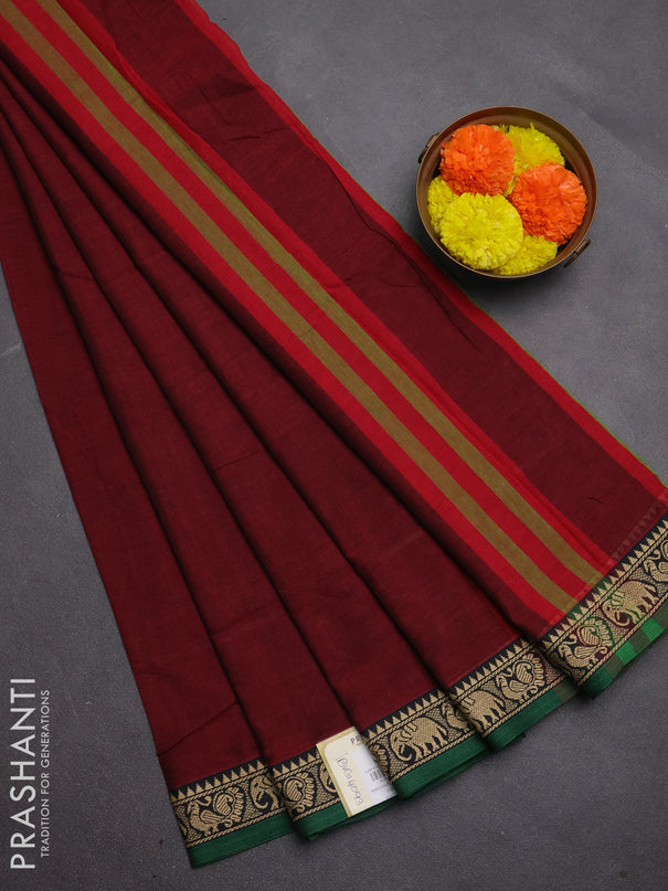 Narayanpet cotton saree maroon and green with plain body and temple design thread woven border