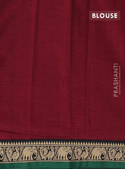 Narayanpet cotton saree maroon and green with plain body and temple design thread woven border
