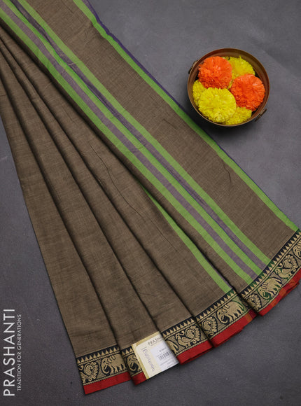 Narayanpet cotton saree chiku shade and maroon with plain body and temple design thread woven border