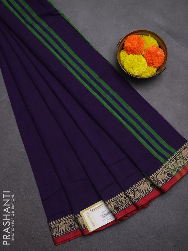 Narayanpet cotton saree violet and maroon with plain body and temple design thread woven border