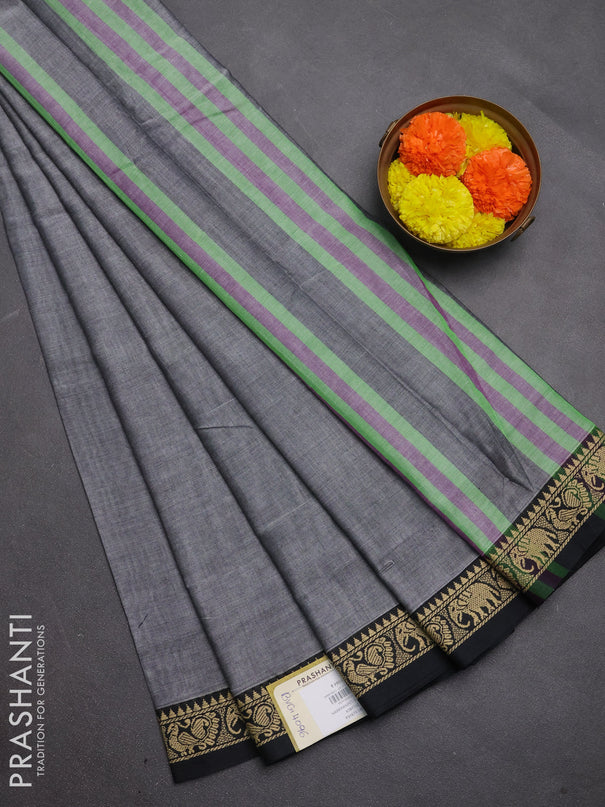 Narayanpet cotton saree grey and black with plain body and temple design thread woven border