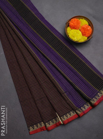 Narayanpet cotton saree deep wine and maroon with allover small thread checked pattern and temple design thread woven border