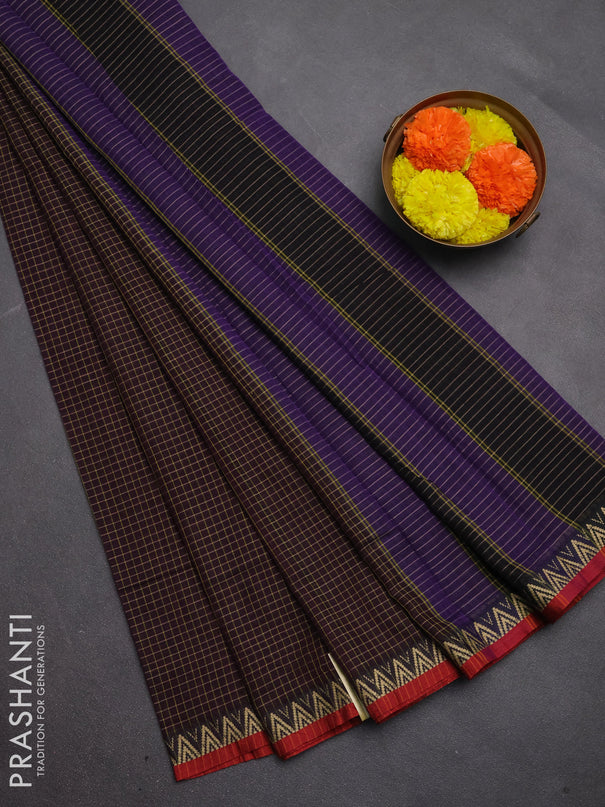 Narayanpet cotton saree deep wine and maroon with allover small thread checked pattern and temple design thread woven border