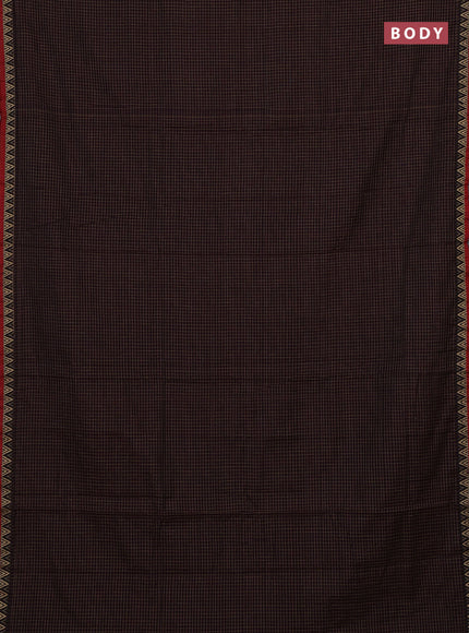 Narayanpet cotton saree deep wine and maroon with allover small thread checked pattern and temple design thread woven border