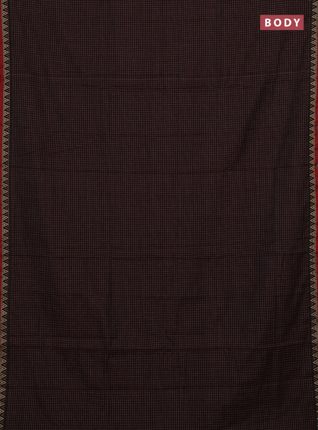 Narayanpet cotton saree deep wine and maroon with allover small thread checked pattern and temple design thread woven border