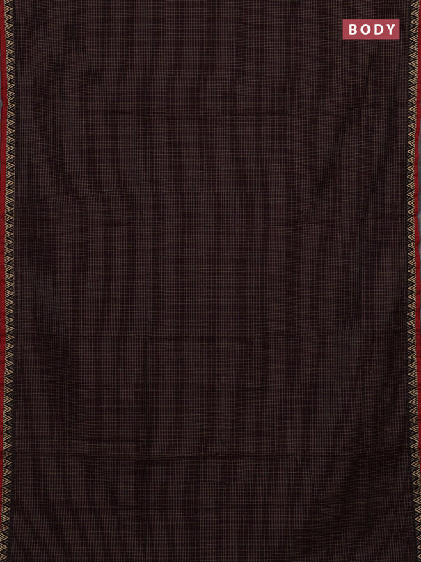 Narayanpet cotton saree deep wine and maroon with allover small thread checked pattern and temple design thread woven border