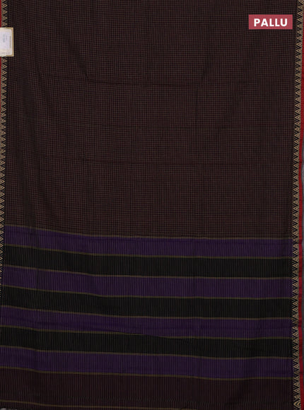 Narayanpet cotton saree deep wine and maroon with allover small thread checked pattern and temple design thread woven border