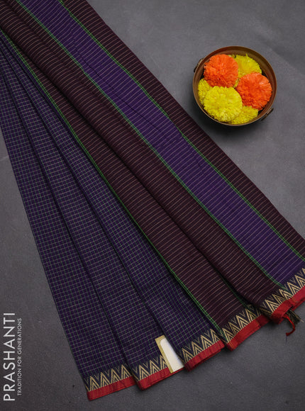 Narayanpet cotton saree violet and maroon with allover small thread checked pattern and temple design thread woven border