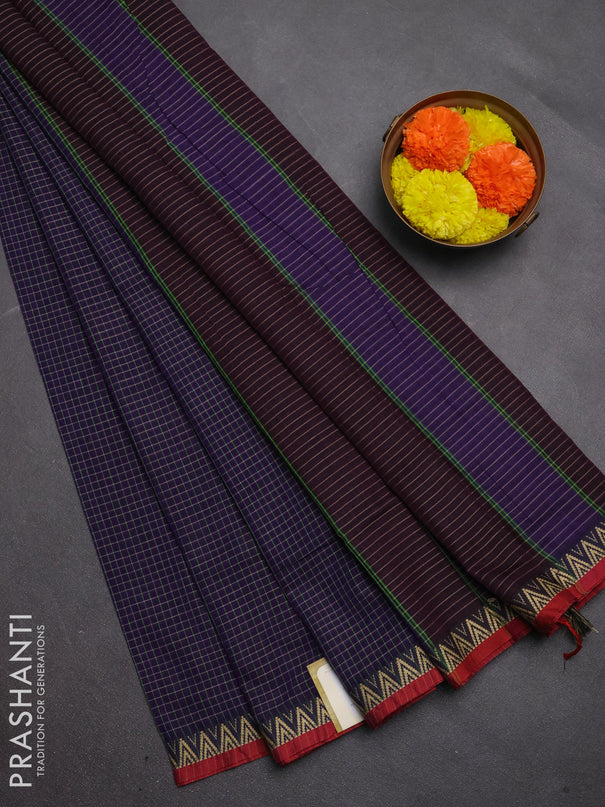 Narayanpet cotton saree violet and maroon with allover small thread checked pattern and temple design thread woven border