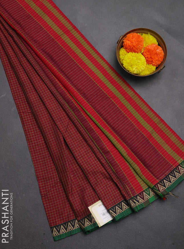 Narayanpet cotton saree maroon and green with allover small thread checked pattern and temple design thread woven border