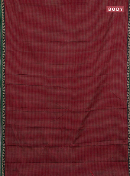 Narayanpet cotton saree maroon and green with allover small thread checked pattern and temple design thread woven border
