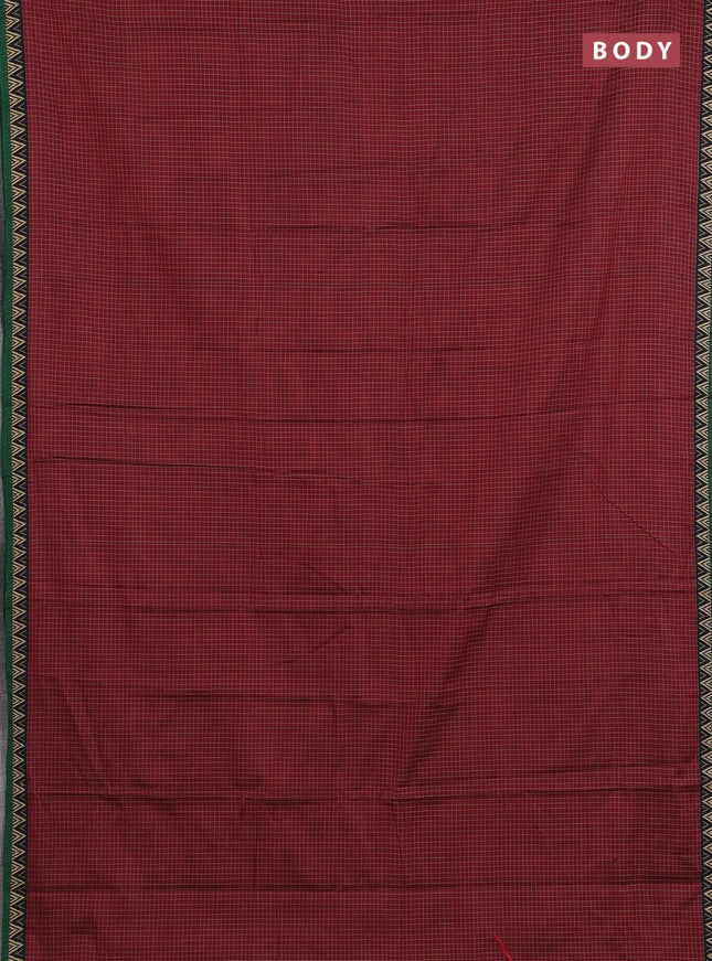 Narayanpet cotton saree maroon and green with allover small thread checked pattern and temple design thread woven border