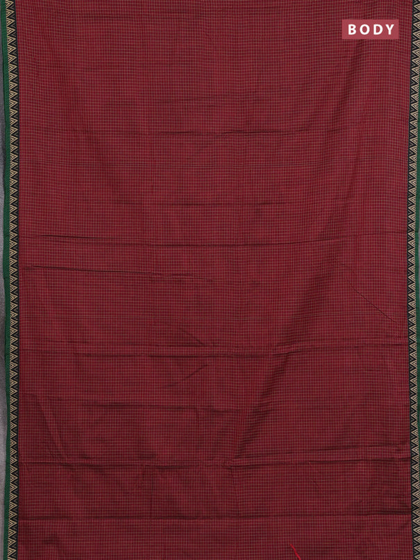 Narayanpet cotton saree maroon and green with allover small thread checked pattern and temple design thread woven border