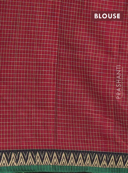 Narayanpet cotton saree maroon and green with allover small thread checked pattern and temple design thread woven border
