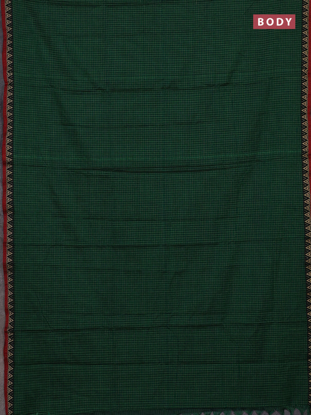 Narayanpet cotton saree green and maroon with allover small thread checked pattern and temple design thread woven border