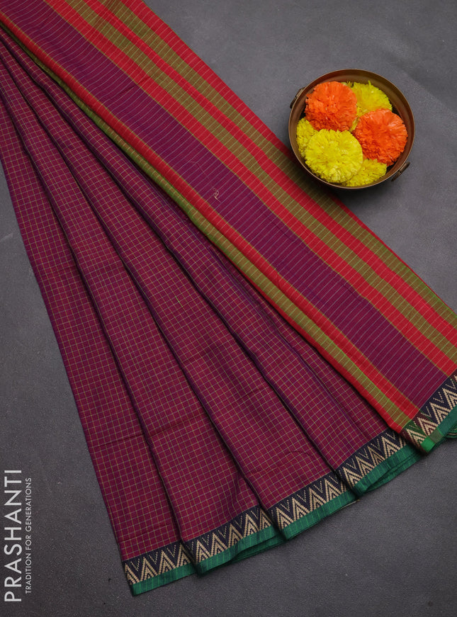 Narayanpet cotton saree magenta pink and green with allover small thread checked pattern and temple design thread woven border