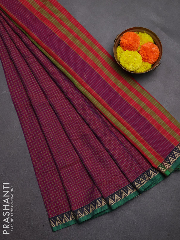Narayanpet cotton saree magenta pink and green with allover small thread checked pattern and temple design thread woven border