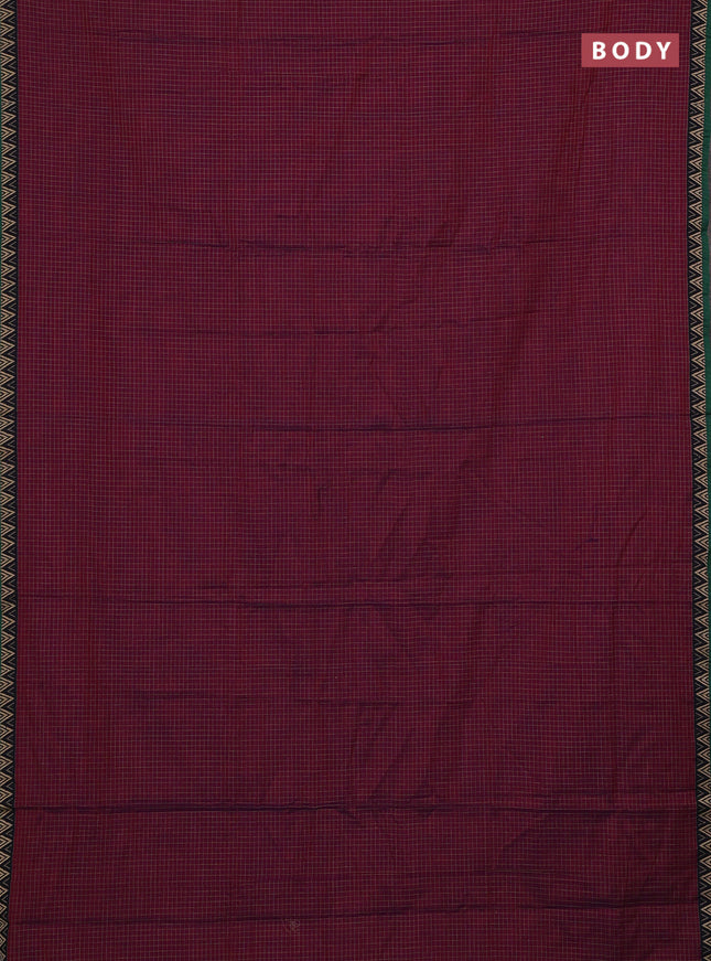 Narayanpet cotton saree magenta pink and green with allover small thread checked pattern and temple design thread woven border