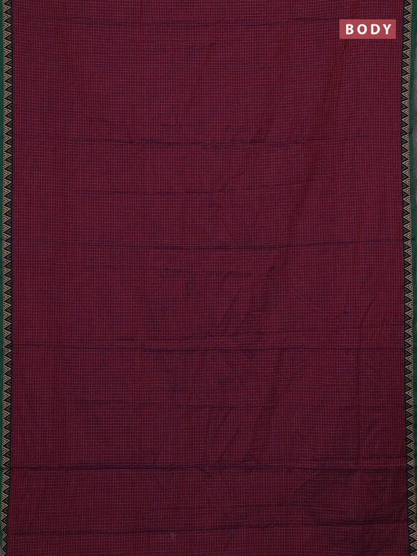 Narayanpet cotton saree magenta pink and green with allover small thread checked pattern and temple design thread woven border