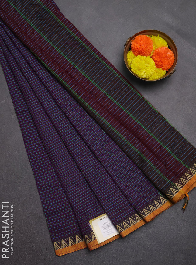 Narayanpet cotton saree purple and mustard yellow with allover small thread checked pattern and temple design thread woven border