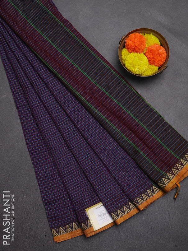 Narayanpet cotton saree purple and mustard yellow with allover small thread checked pattern and temple design thread woven border