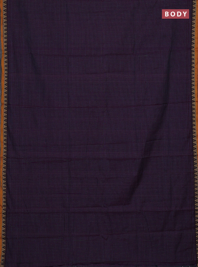 Narayanpet cotton saree purple and mustard yellow with allover small thread checked pattern and temple design thread woven border