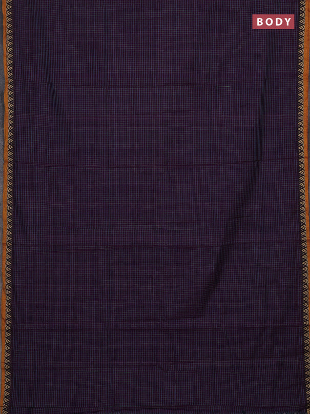 Narayanpet cotton saree purple and mustard yellow with allover small thread checked pattern and temple design thread woven border